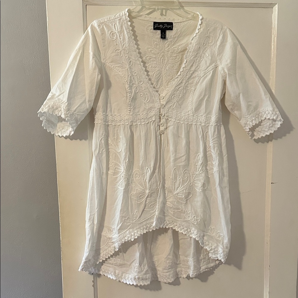 Gretty Zueger High-low Embroidered Tunic Top, Size M